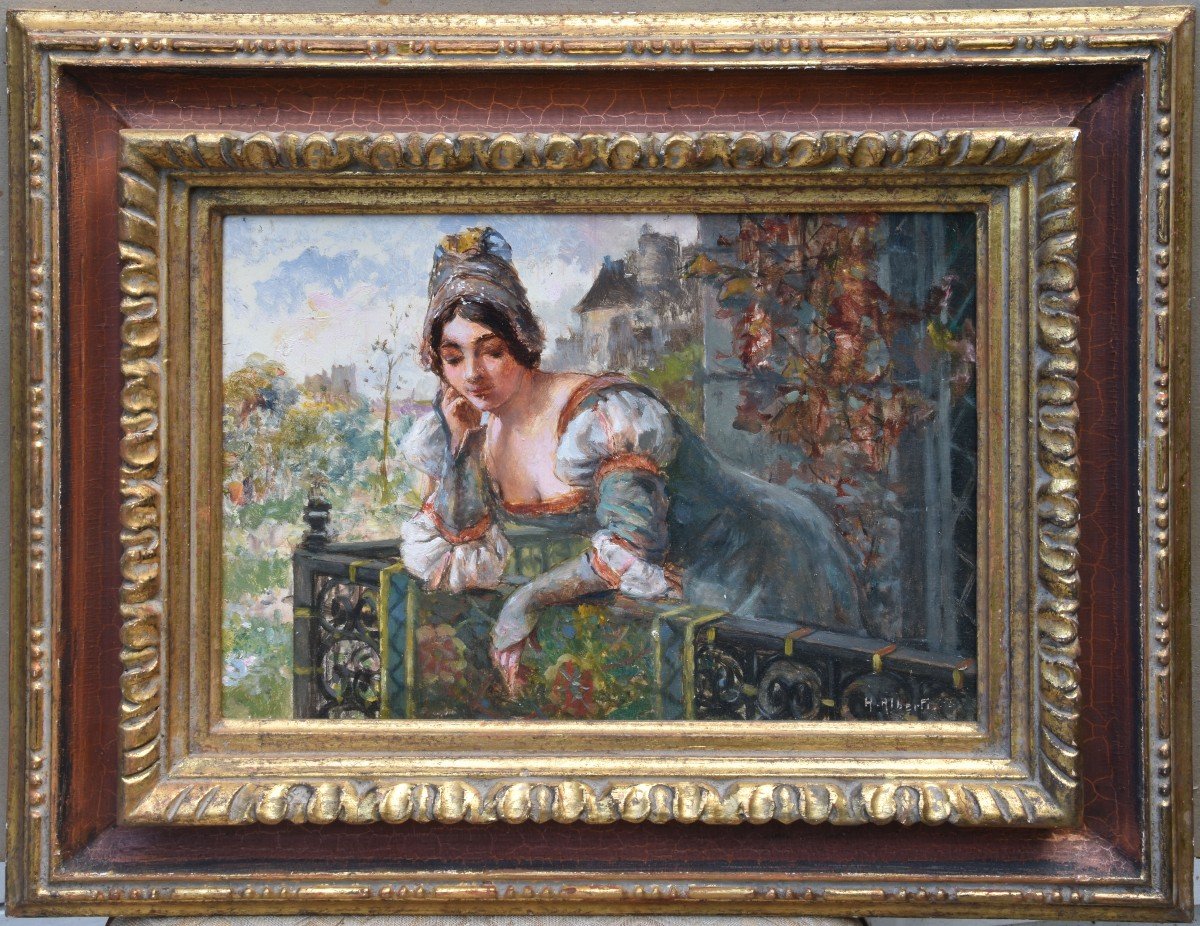 Henri Alberti "woman On The Balcony" Oil On Panel 24x33